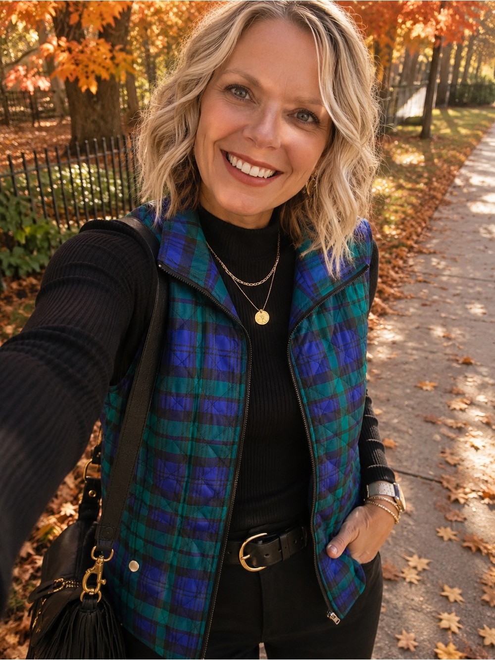 Alia Blackwatch Plaid Quilted Zip Vest Size 10 Green Blue Fall Classic